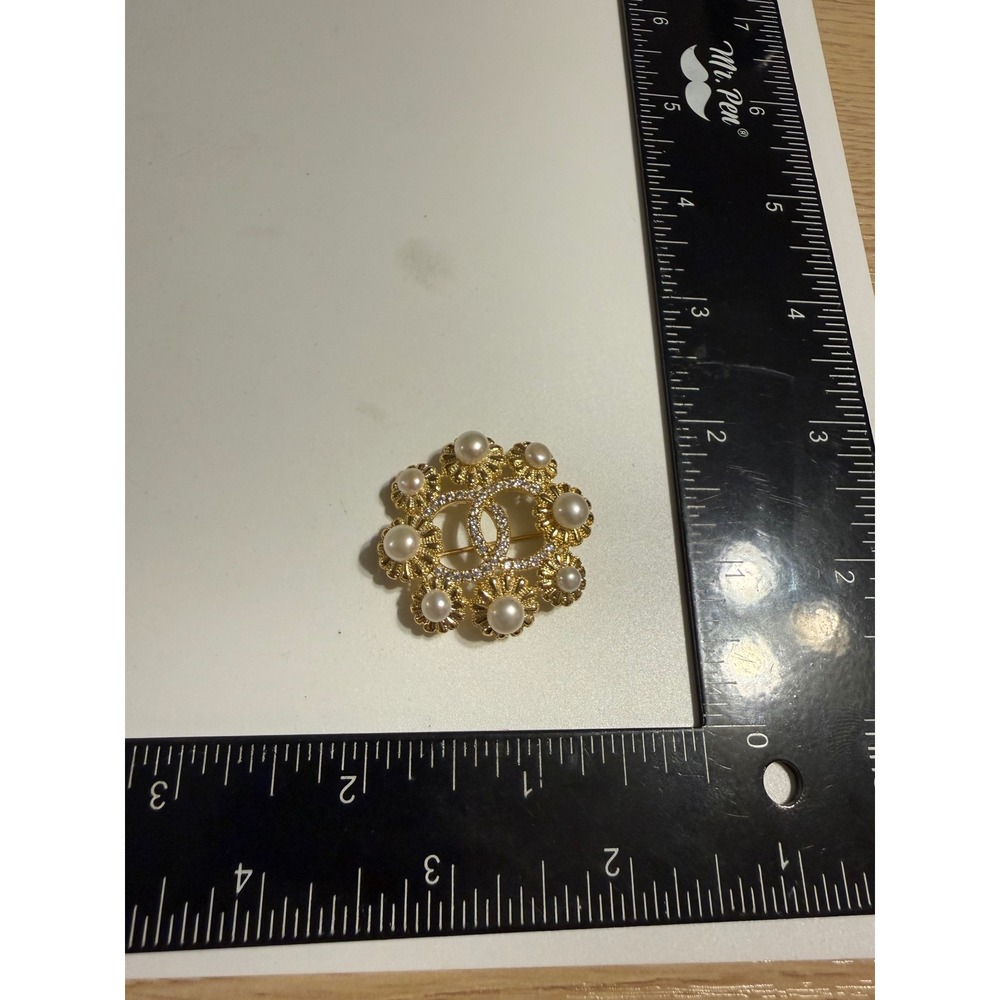 Gold Tone Faux Pearl Crystal Double C Logo Brooch Pin S925 Stamped 1.5"